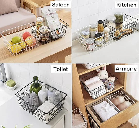 Paniers de rangement en fil métallique.
