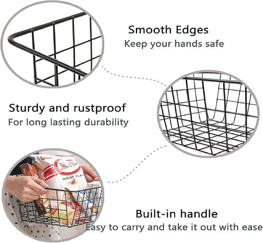 Paniers de rangement en fil métallique.