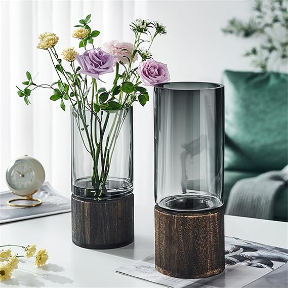pack 2 pcs Vase en Verre avec Base en Bois – Élégance et Design Minimaliste.