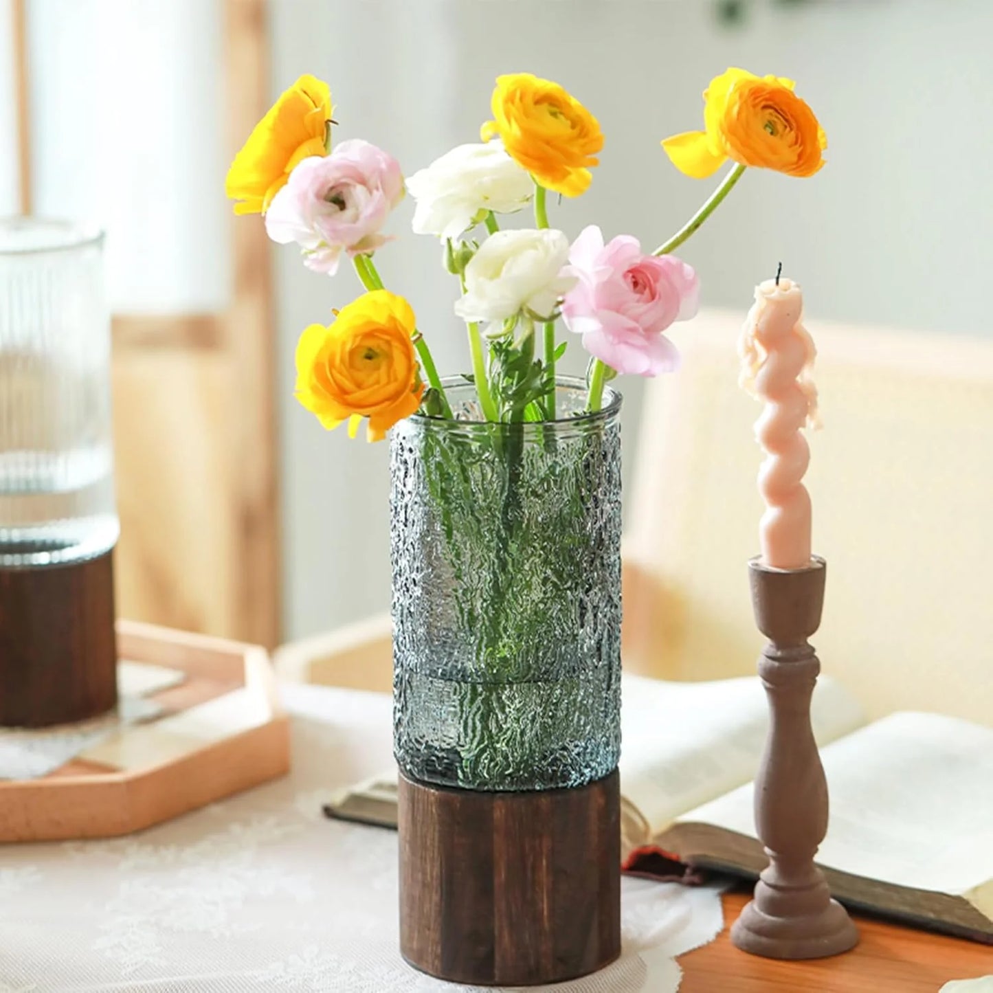 pack 2 pcs Vase en Verre avec Base en Bois – Élégance et Design Minimaliste.