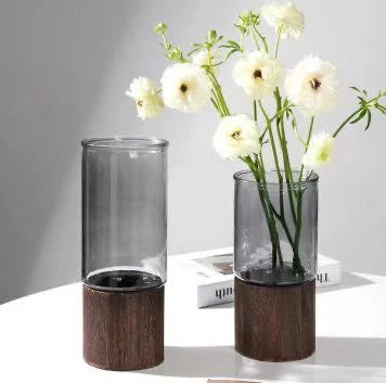 pack 2 pcs Vase en Verre avec Base en Bois – Élégance et Design Minimaliste.