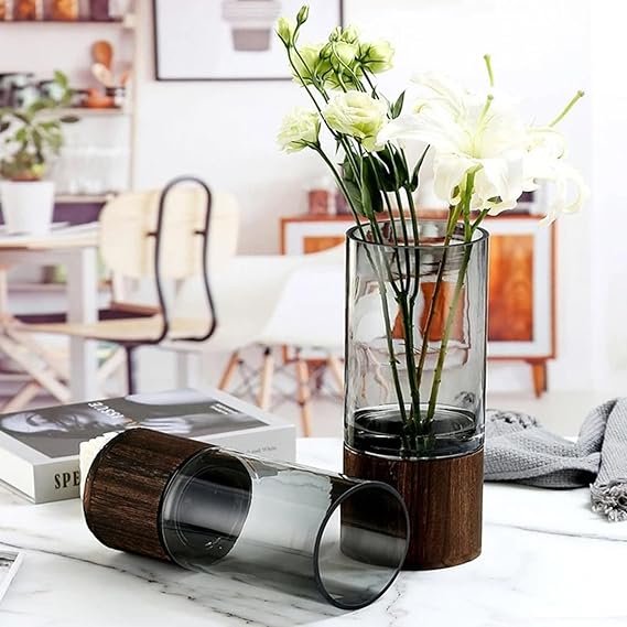 pack 2 pcs Vase en Verre avec Base en Bois – Élégance et Design Minimaliste.