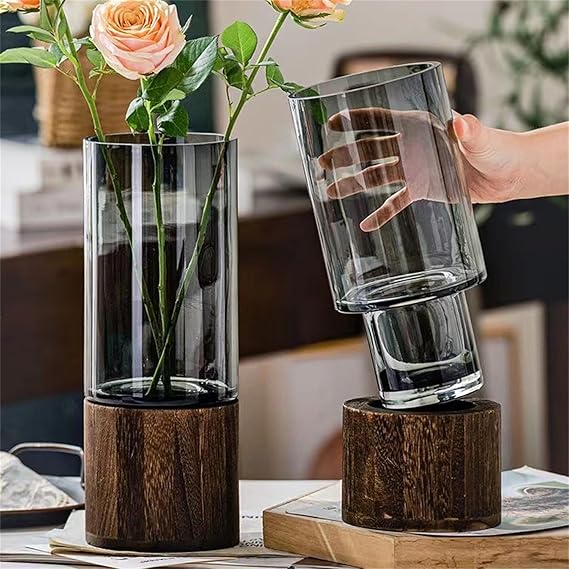 pack 2 pcs Vase en Verre avec Base en Bois – Élégance et Design Minimaliste.