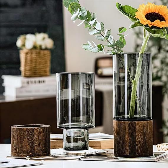 pack 2 pcs Vase en Verre avec Base en Bois – Élégance et Design Minimaliste.